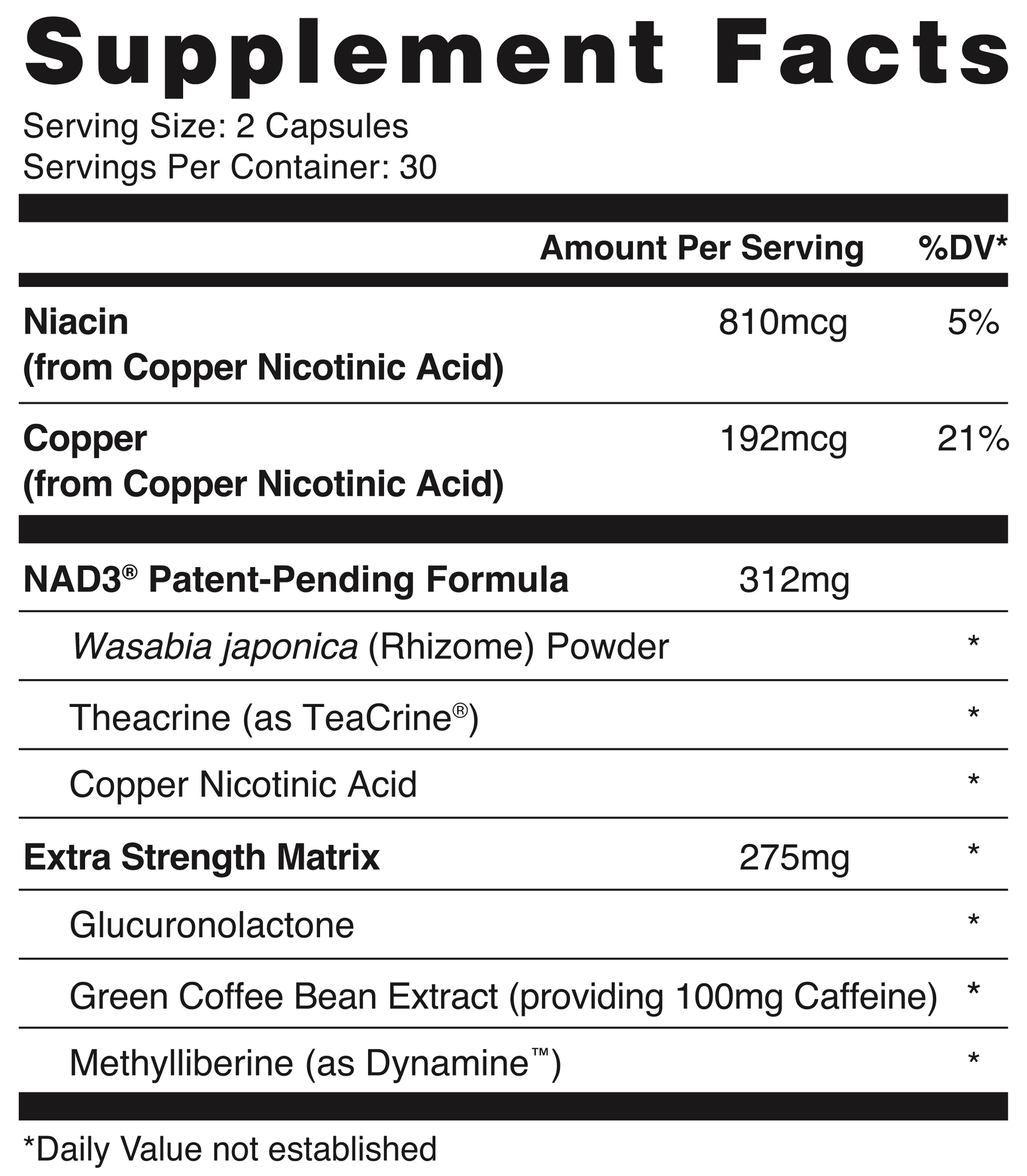 NAD3 Extra Strength supplement facts label